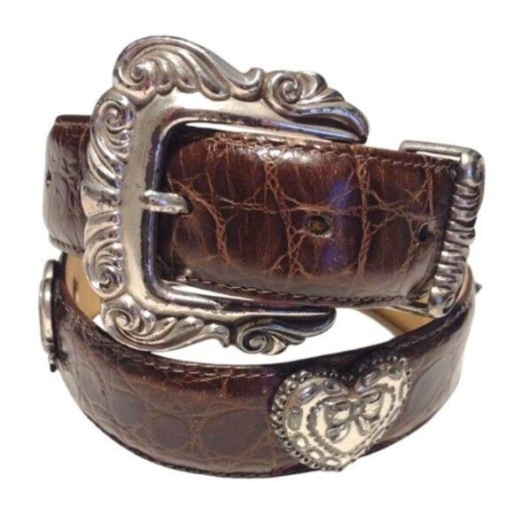 Brighton Belt Brown Croc Embossed Leather Silver Heart Conchos Small USA Vintage - Picture 1 of 16